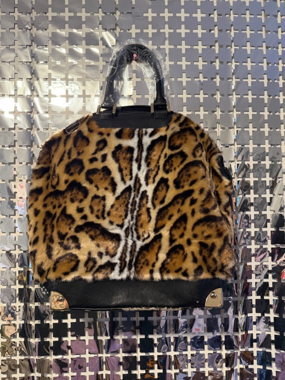 Faux Fur Leopard-Print Dome Handbag - Black Trim